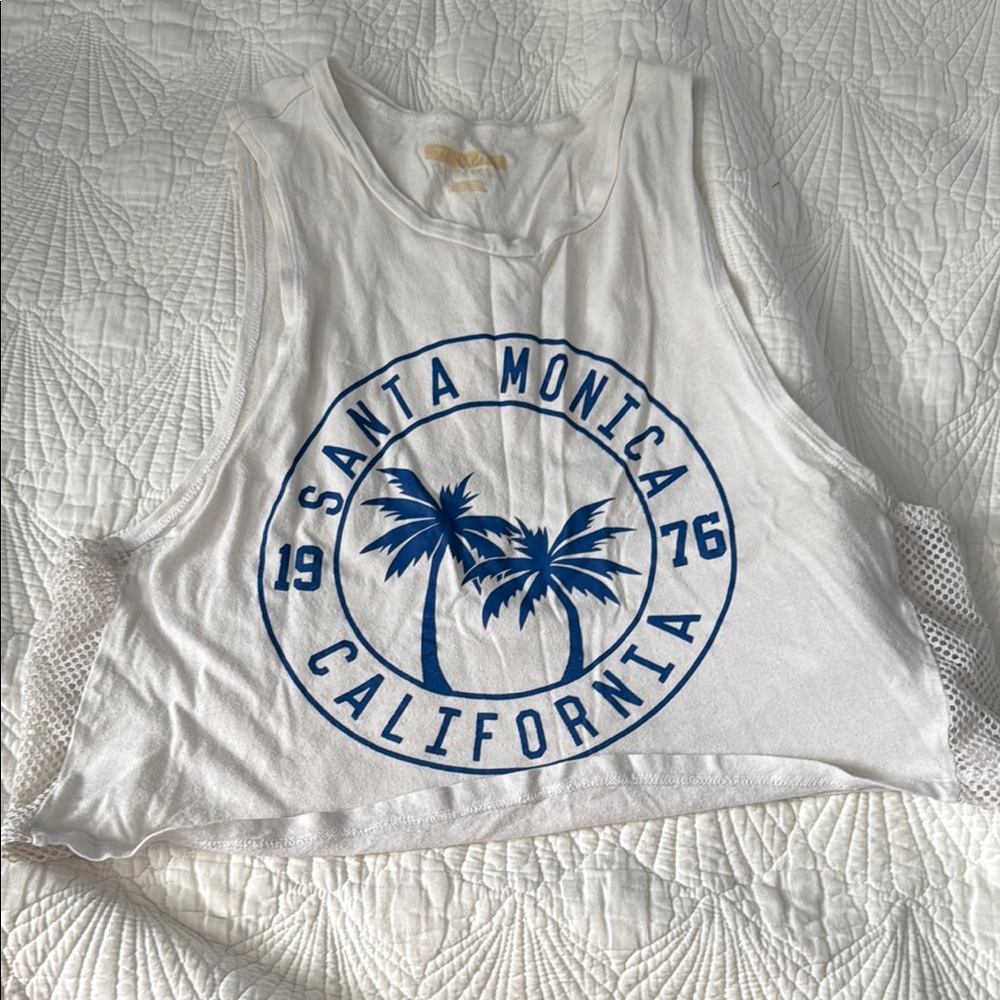 White Muscle Tee with Blue Graphic